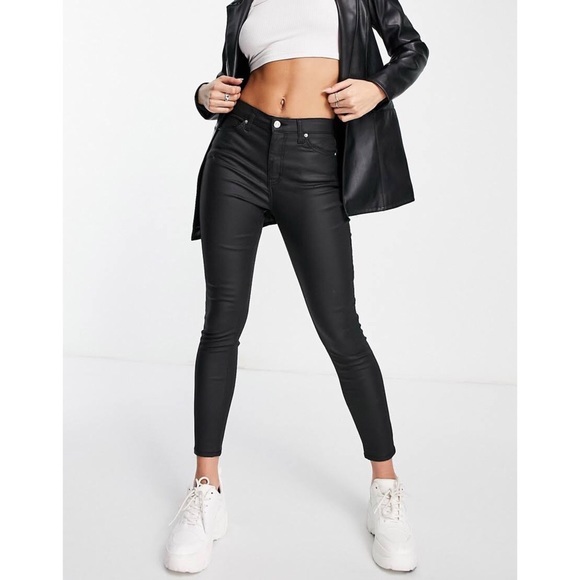 Topshop Denim - Topshop Moto || Coated Leigh High Rise Ankle-Grazer Black Stretch Jeans …